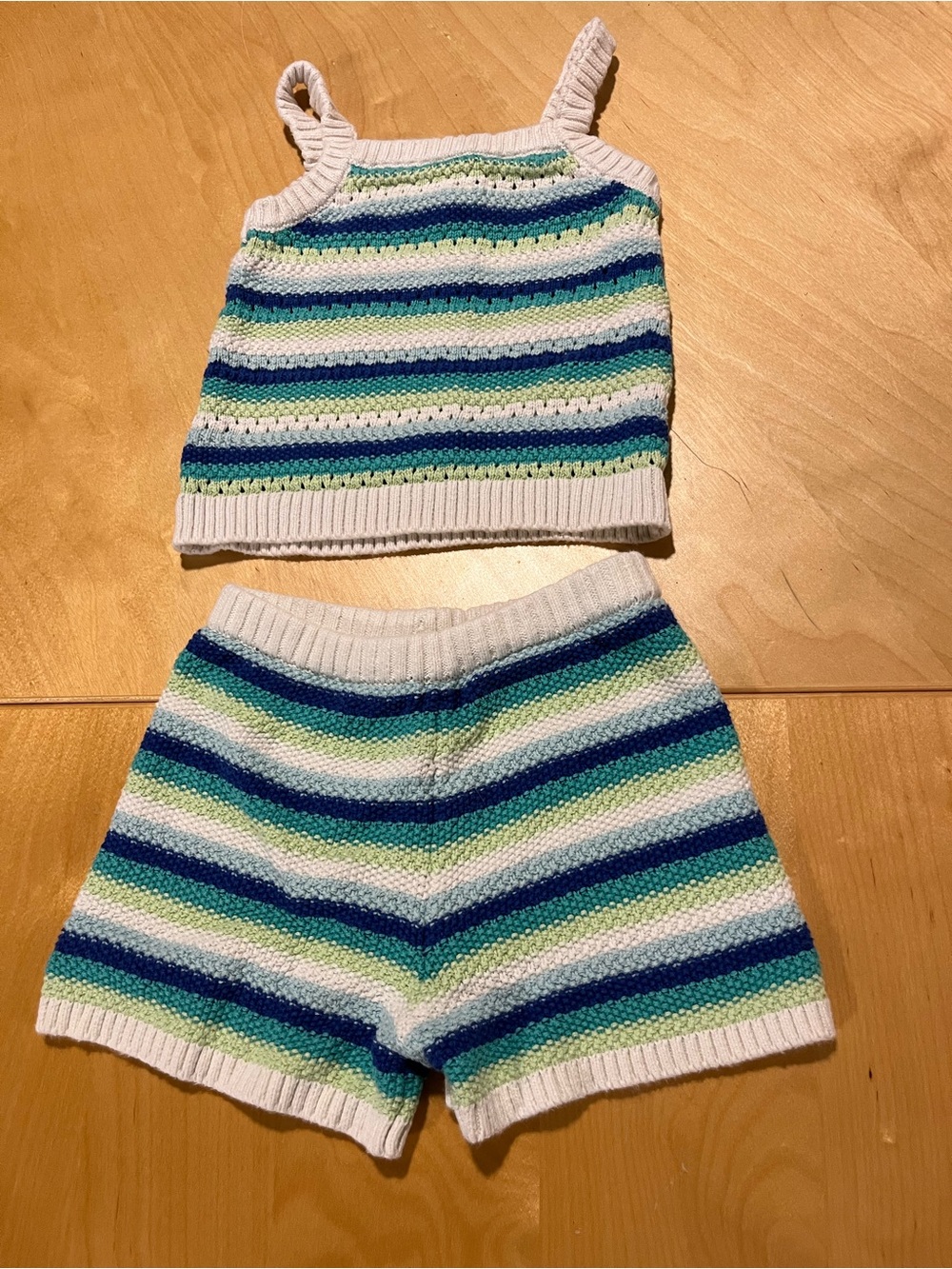 Old Navy Knit Stripe Tank & Shorts Set - Blue, Green & White